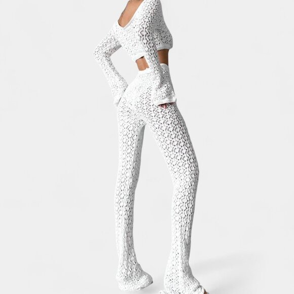 Nakd White Crochet Long Sleeve Crop Top Flared Pants Two Piece Set Size XS/S - Picture 4 of 7